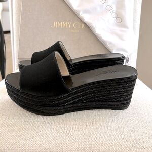 Jimmy Choo Deedee Liquid Velvet Jute Wedge Sandals. Black/Black. 38. NWT.